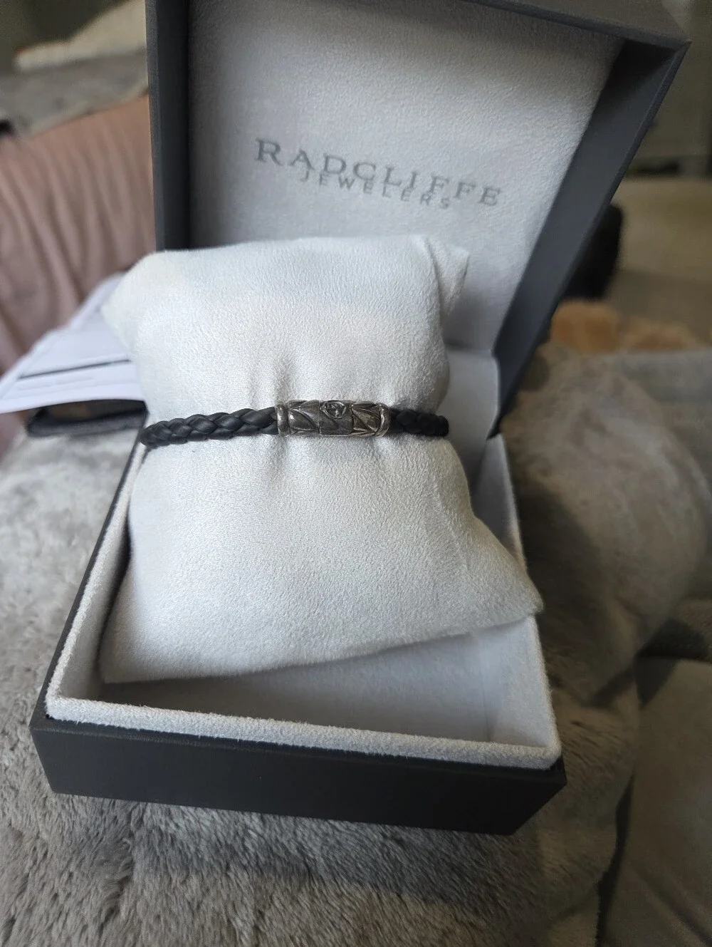 David Yurman Black Braided Leather Bracelet with Dark Metal Clasp NEVER WORN
